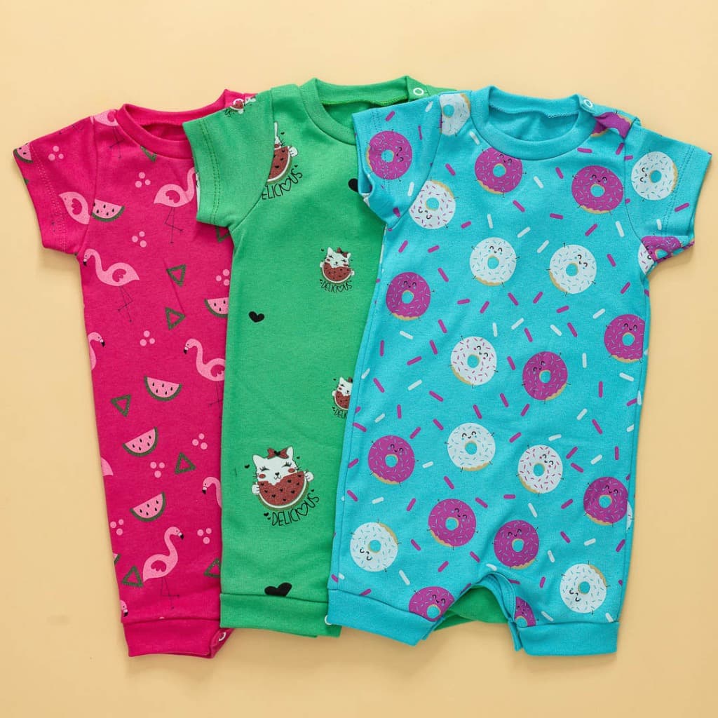 Kit 3 Macacões Suedine Estampado 100% Algodão Curtos