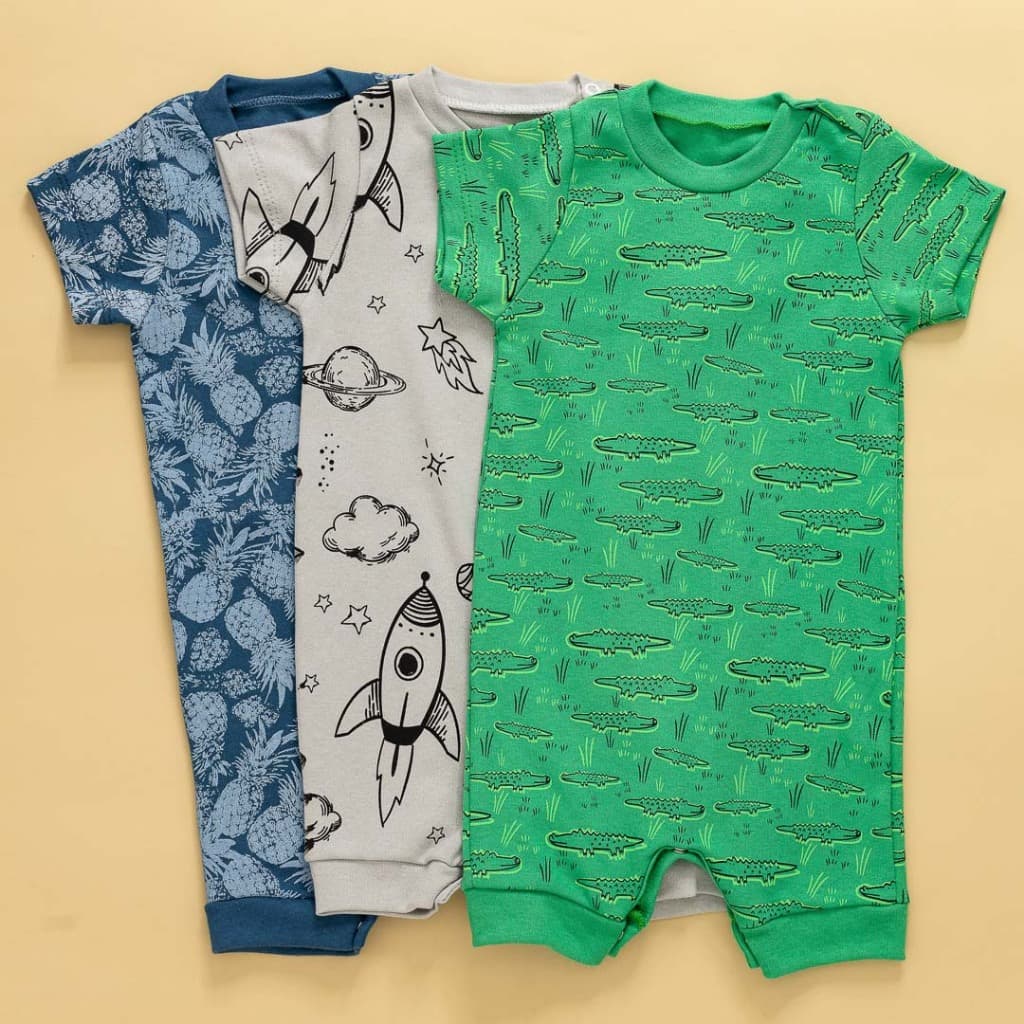 Kit 3 Macacões Suedine Estampado 100% Algodão Curtos