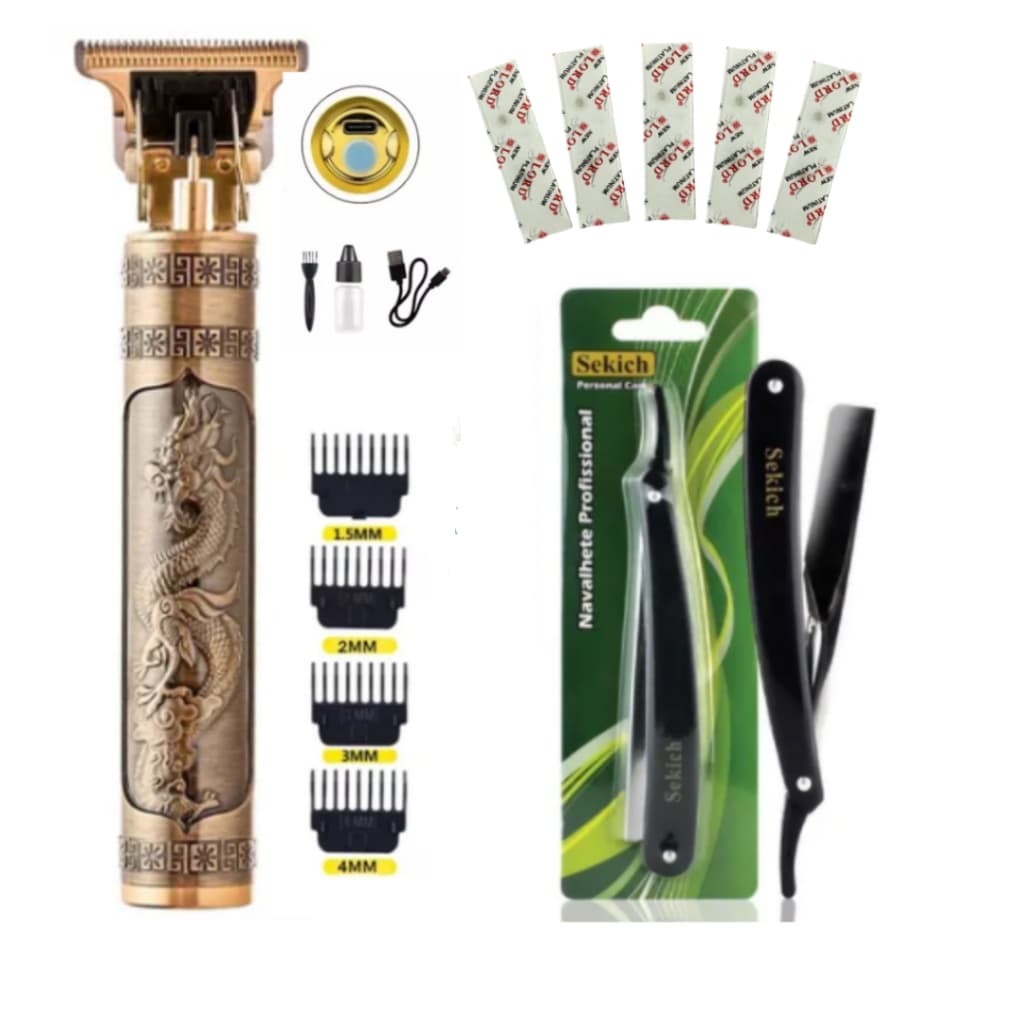 kit Navalha Navalhete + 5 Lâminas + Máquina Dragon Profissional