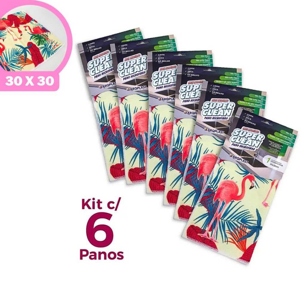KIT 6 Panos Microfibra p/ Limpeza 30x30 Estampado Flamingo