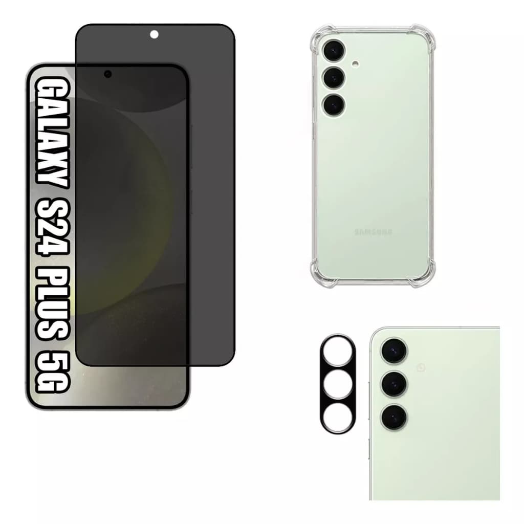 KIT Para Galaxy S24 Plus | Película de Privacidade 3D - Capa Capinha Anti Impacto - Película da Câmera 3D