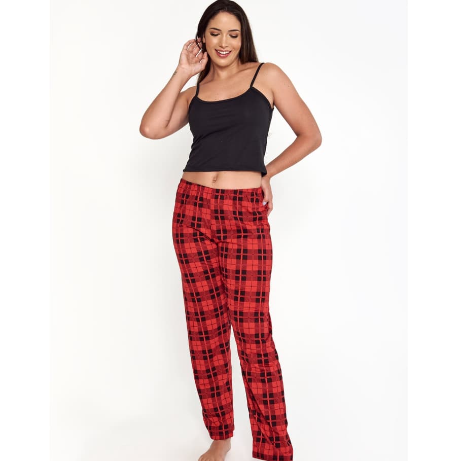 Pijama Feminino Cropped Alcinha Calça Xadrez Comprida Outono Inverno