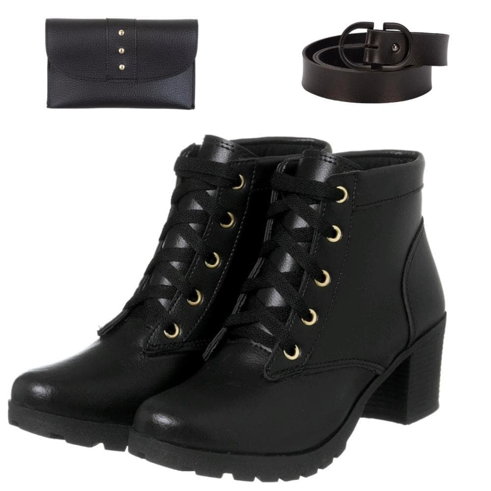 Bota Coturno Feminina Casual Moderna De Couro Confort Com Solado Tratorado Medio + Carteira e Cinto