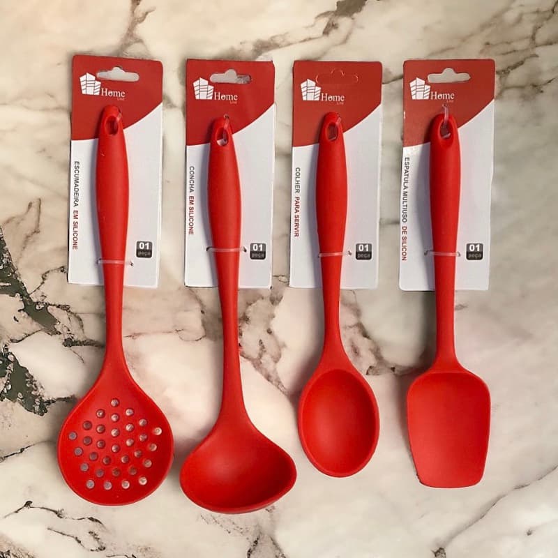 Kit Utensílios de Silicone para Cozinha Concha, Colher Escumadeira Cinza Vermelho 4 Peças