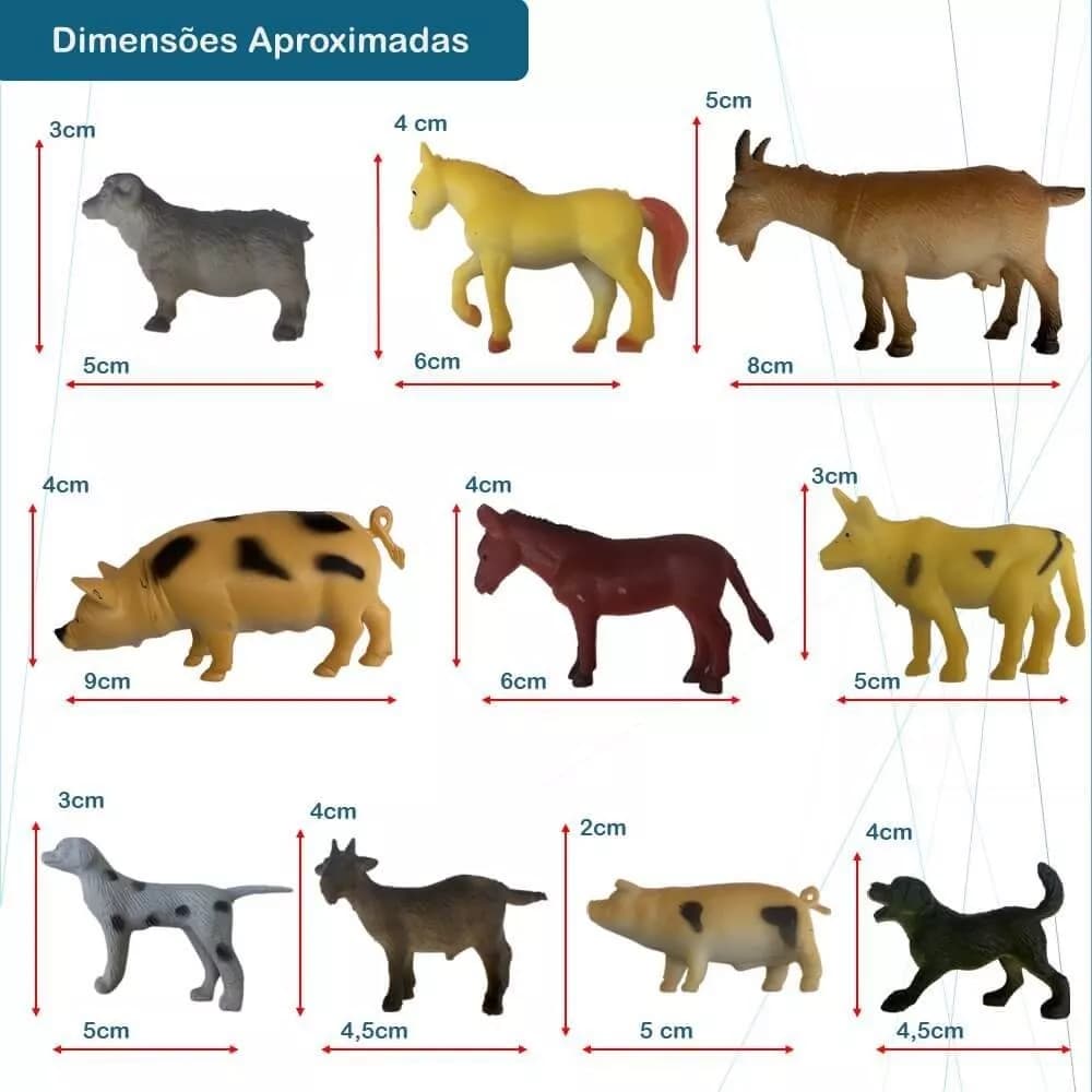 Kit 10 Animais Da Fazenda Safari Zoo Pequenos De Borracha