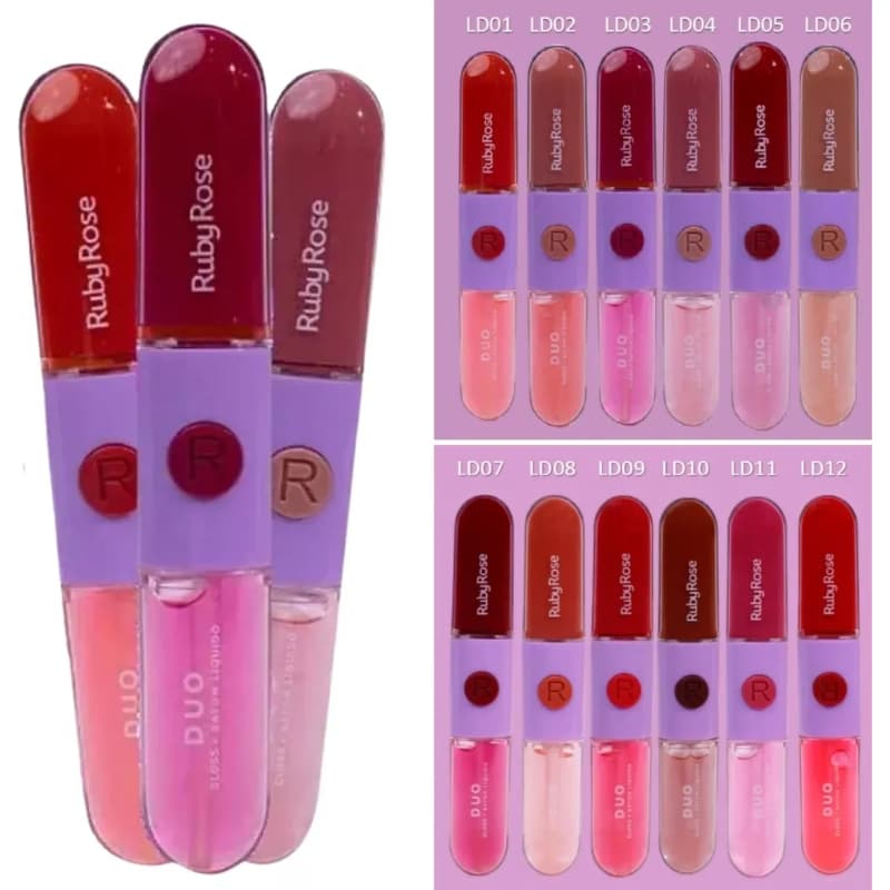 Duo Gloss Batom Líquido Ruby Rose: Pigmentação e Brilho 12 Cores