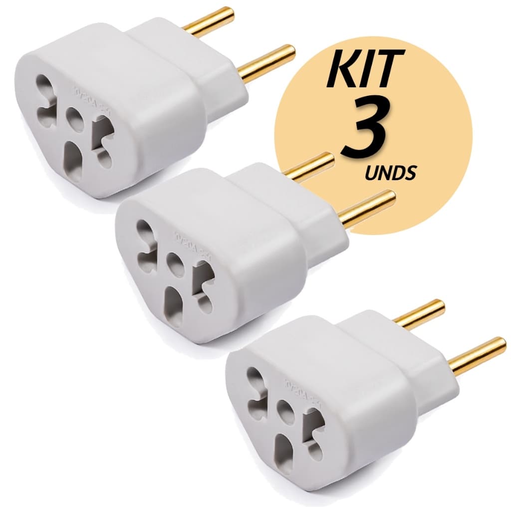 Kit 3 Adaptador De Tomada 10a 20a 250V Bivolt T Universal Bob Love Pino Plug Benjamim