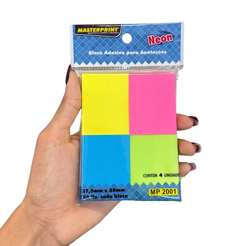 Bloco Adesivo Para Anotações Neon 37,5m x 50mm Mp2001 4 Blocos 400 Folhas Colorido Masterprint escolar artesanato postit