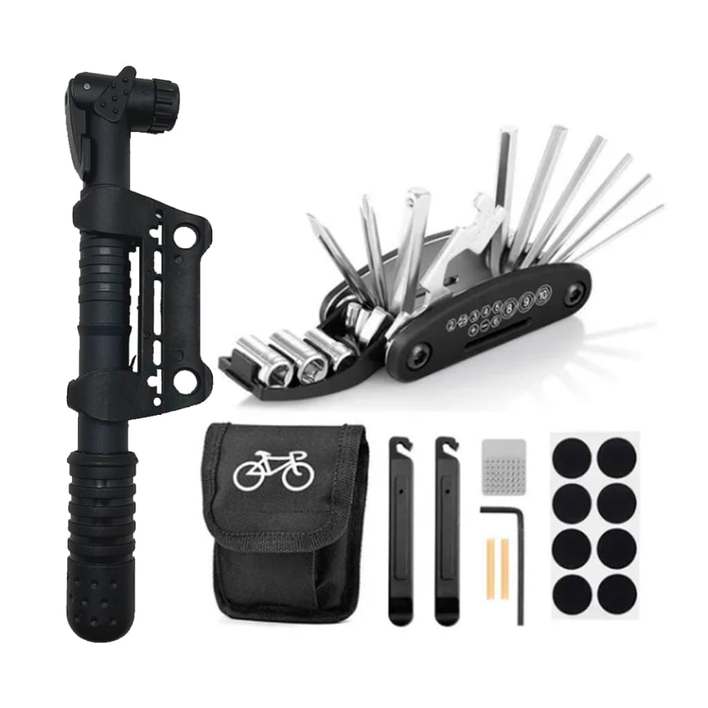 Kit Ferramentas Reparo E Remendo Para Bicicletas + Bomba Encher Pneu