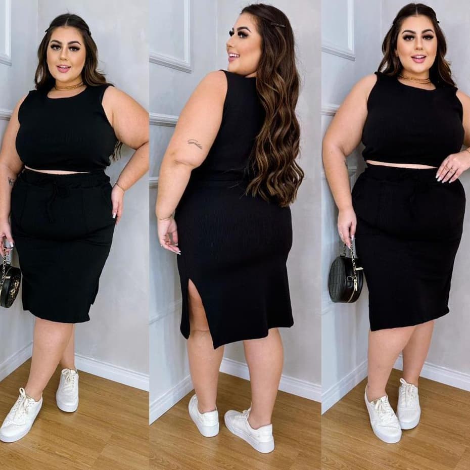 Conjunto Feminino Plus Size Malha Canelada Cropped Amarração e Saia Tubinho Moda Gringa Feminina