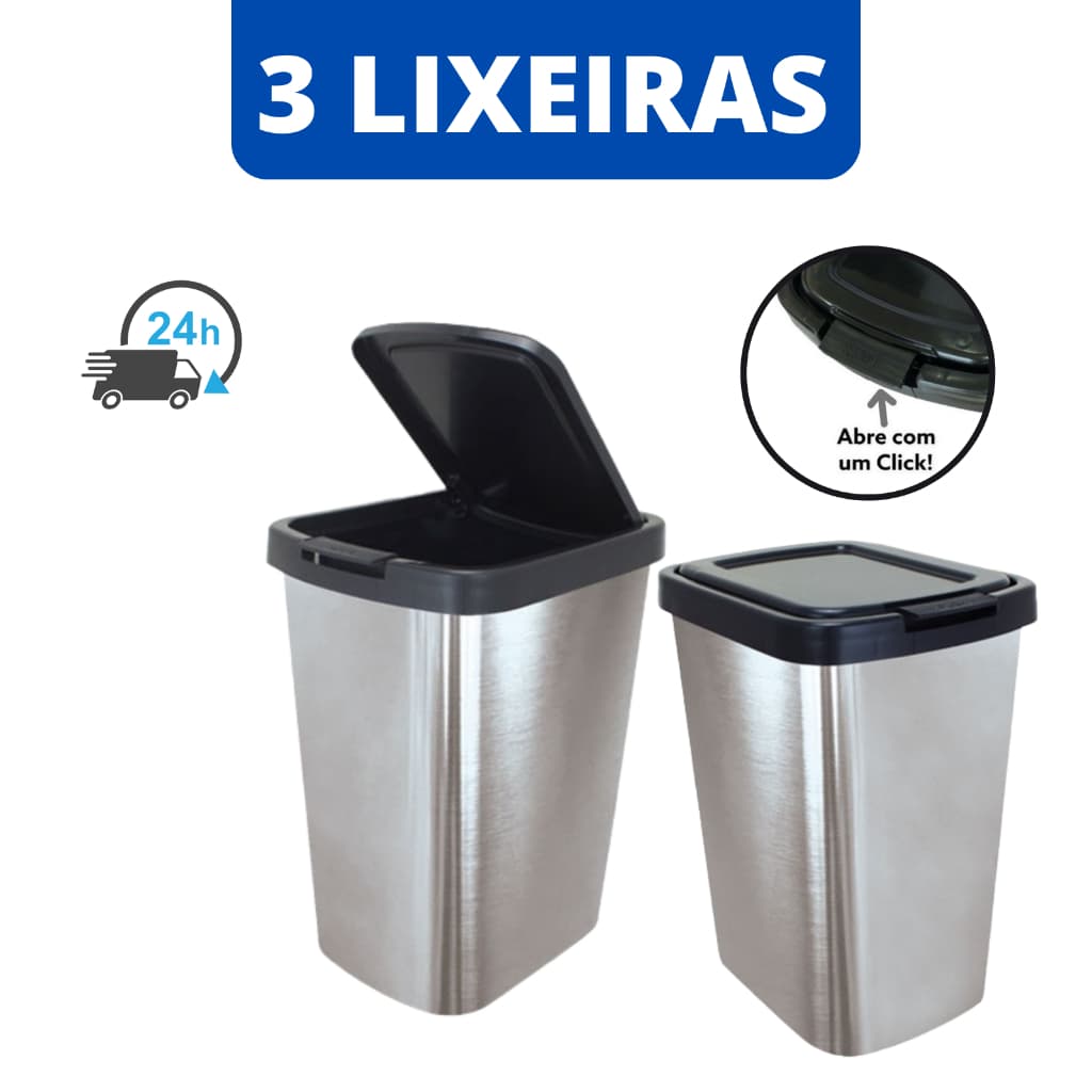 Lixeira Cozinha e Banheiro 3 Unidades Inox Metalizado Com Tampa Click Label  Escritório Quarto  Quadrada Resistente