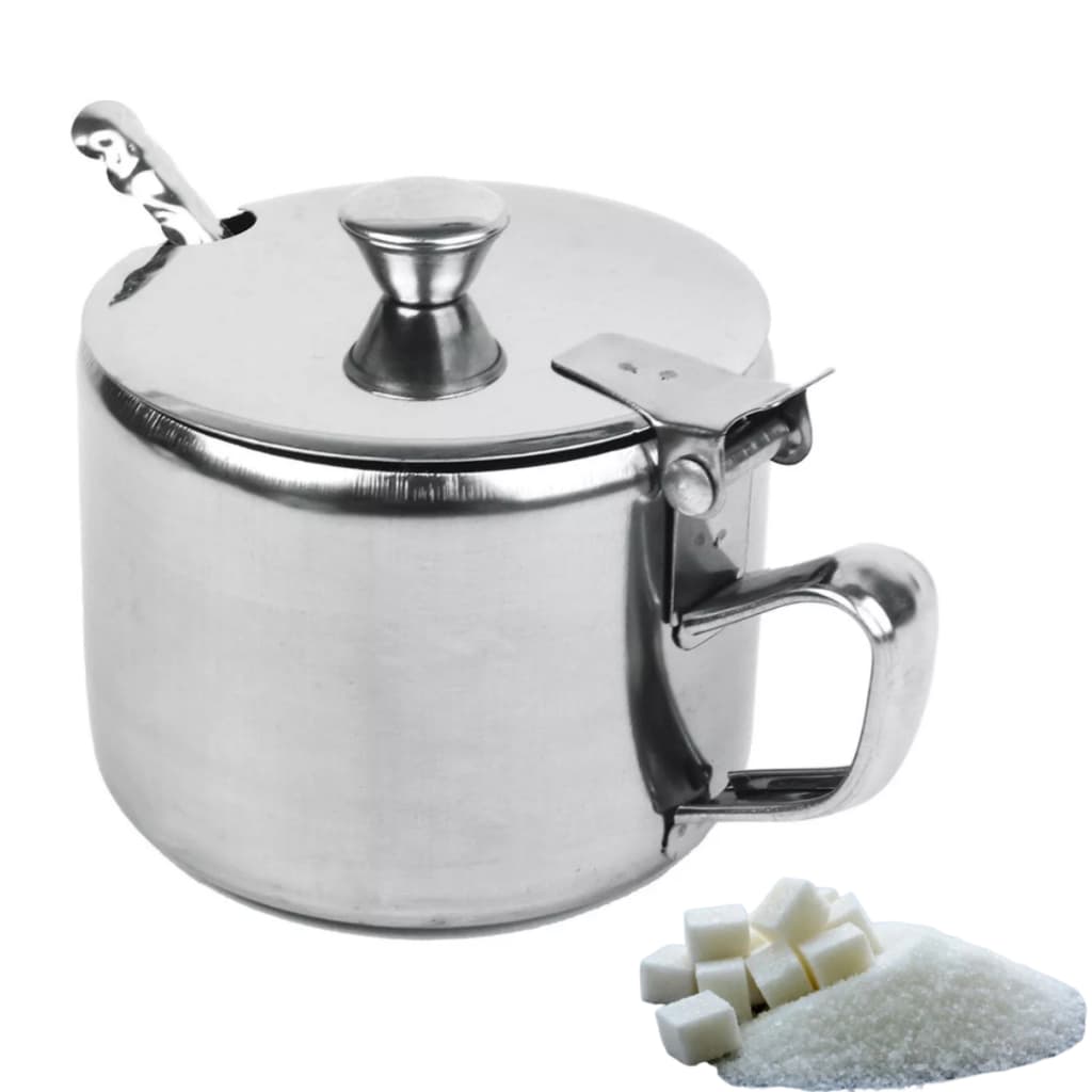 Açucareiro Inox Metálico Com Colher Alça 450ml Fecha e Abre Porta Condimento Pequeno 10cm Prateado
