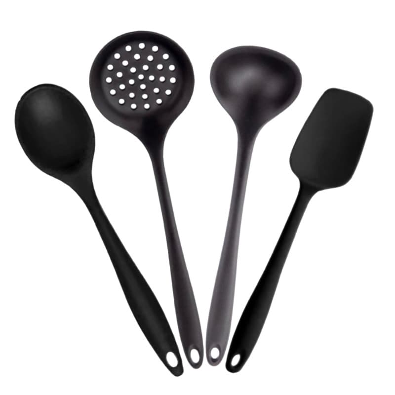 Kit Utensílios de Silicone para Cozinha Concha, Colher Escumadeira Preto 4 Peças