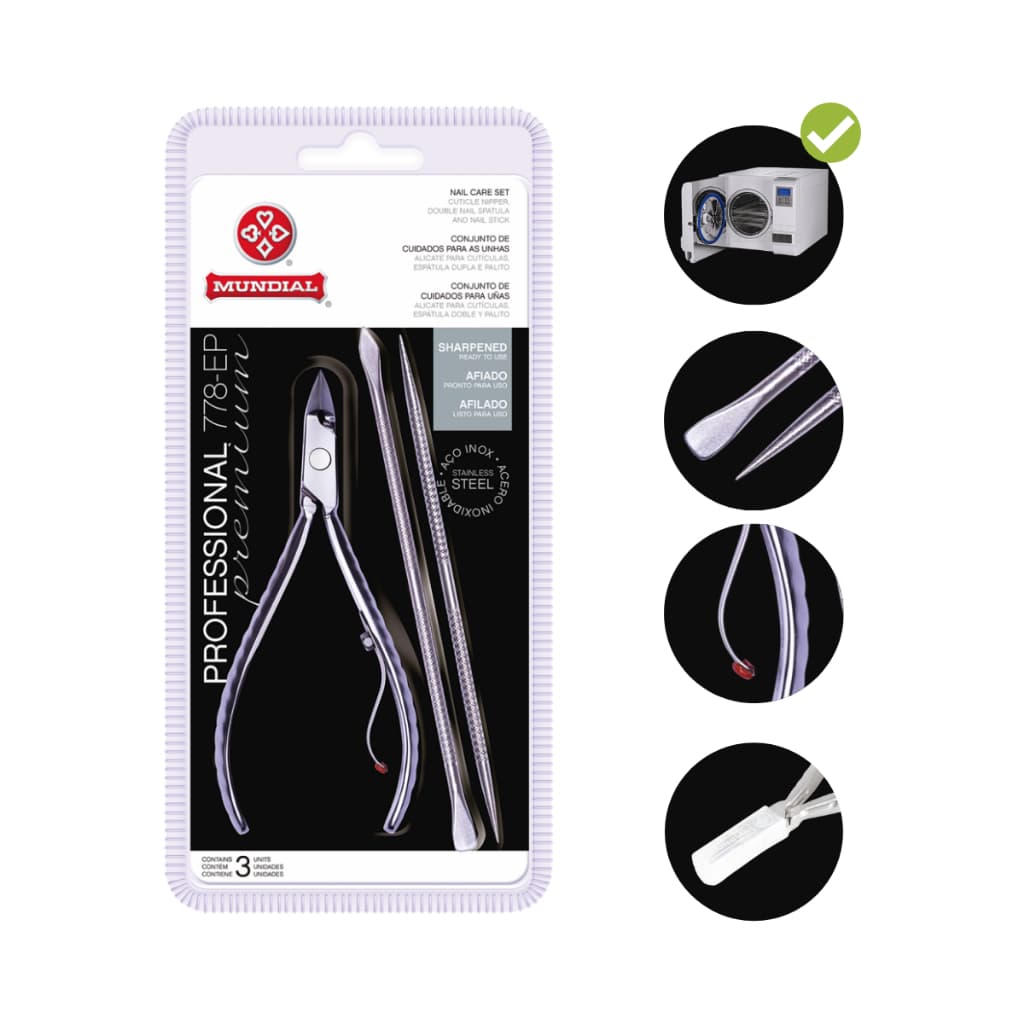 Alicate cuticula 778-EP com espatula dupla e palito professional premium inox mundial