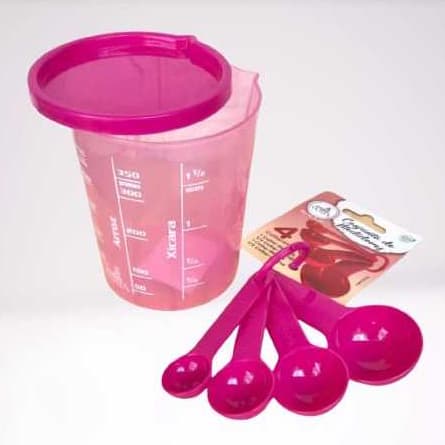 Kit Copo Medidor 400ml Com Tampa Rosa + 4 Colheres Medidoras Dona Cotta Utensílios Cozinha