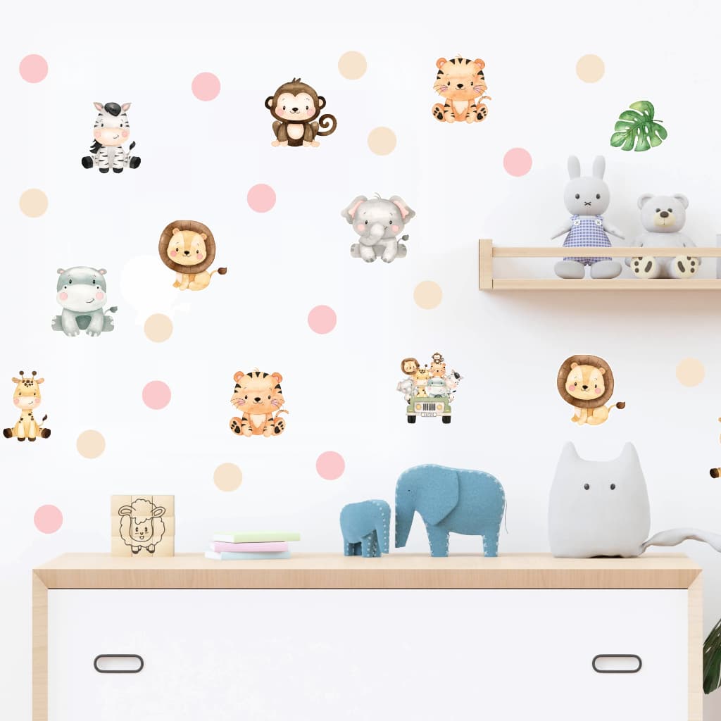 Adesivos de Parede Menina Safari Animais Fofos Bolinhas Rosa Folhinhas papel de parede Quarto bebê