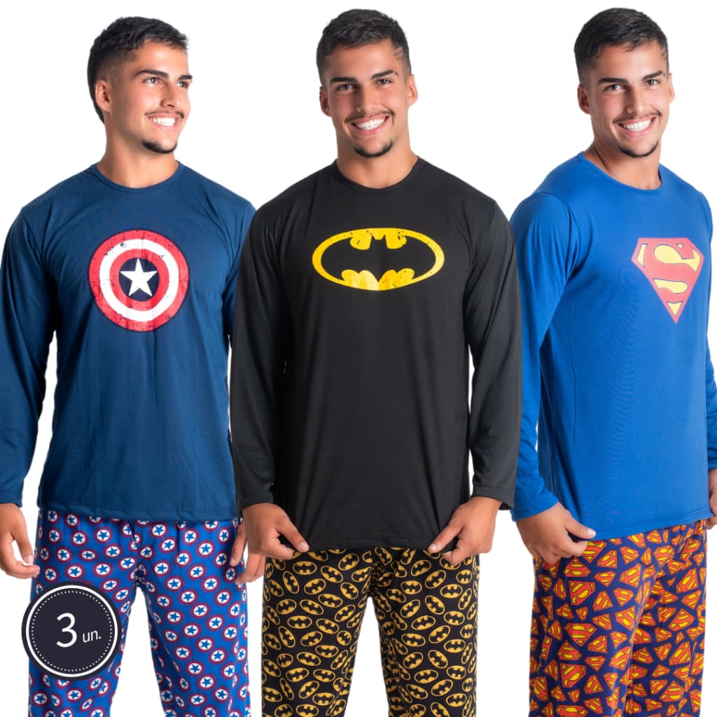 Kit 3 Traje De Dormir Longa Adulto Pai Masculino Estampas Super Heróis Inverno Frio Marvel DC 326