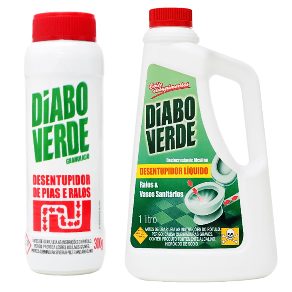 Kit 1 Desentupidor Granulado Diabo Verde 300g + 1 Desetupidor 1 Litro Vaso Ralo Pia