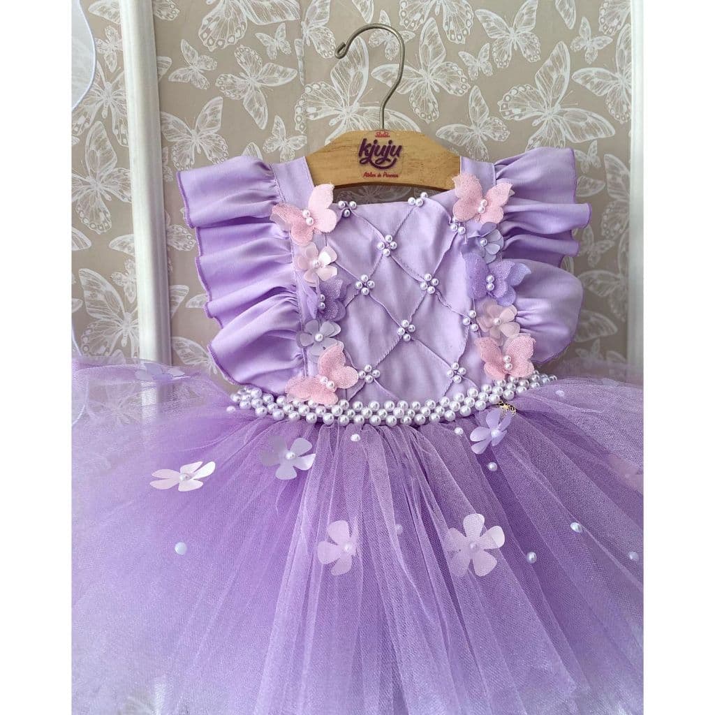 Vestido Jardim encantado das borboletas fru fru lilas com aplicação de perolas infantil roupa festa
