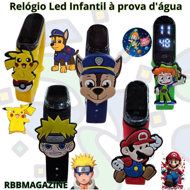 Relógio Infantil de led à prova d'água Sonic, aranha, super mario, stich led infantil patrulha