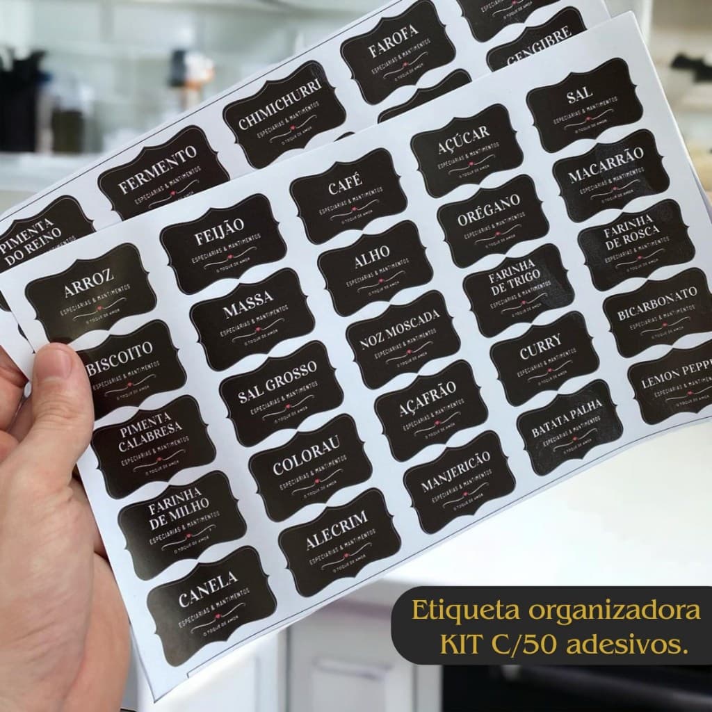 50 Etiquetas Pretas para Potes de Condimentos Temperos Mantimentos 5x3cm