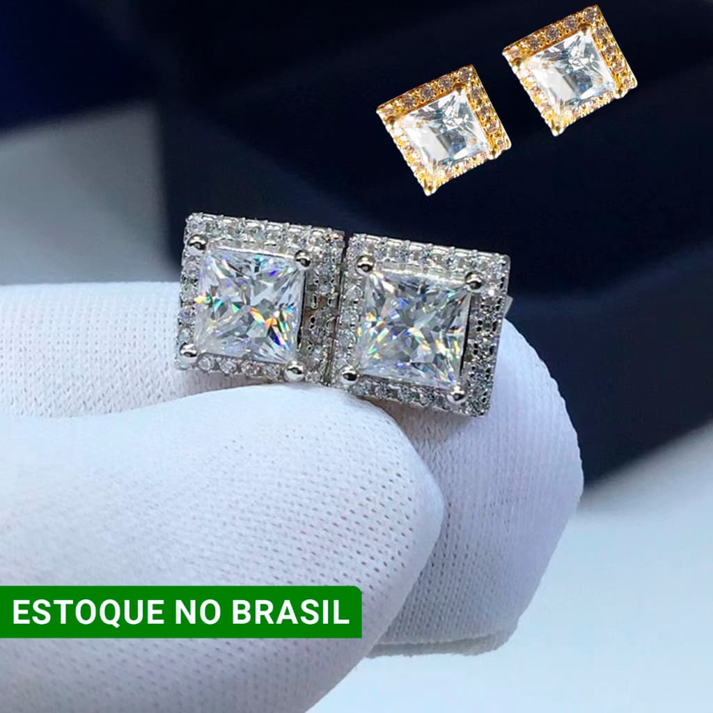 Brinco Cravejado zircônia Quadrado modelo atual cores prata ou dourado