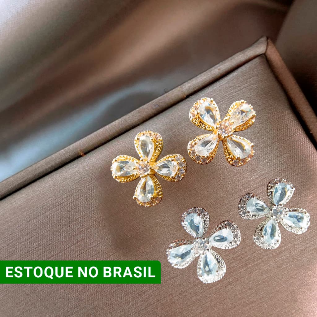 Brinco Cravejado Zircônia modelo flor com pedras cores dourado ou prata