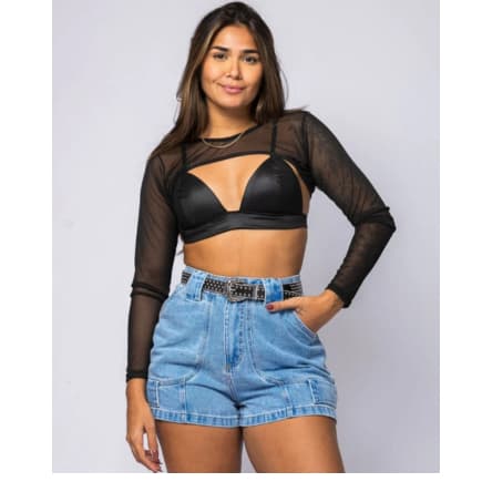 Cropped Blusa Curta Sobreposição Em Tule Renda Transparente Manga Longa