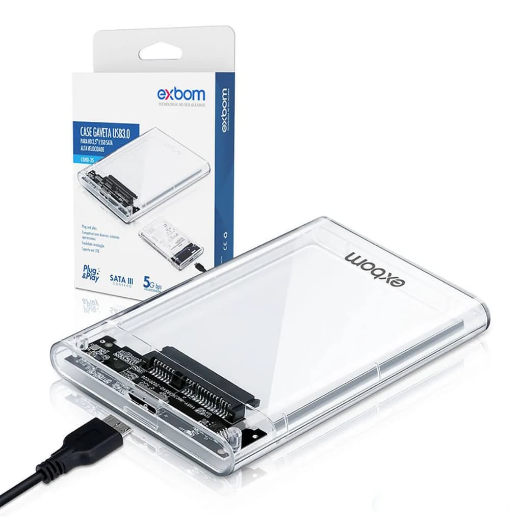 Case Externo Gaveta Transparente USB 3.0 para HD SSD SATA 2,5" para PC Notebook Vídeo Game