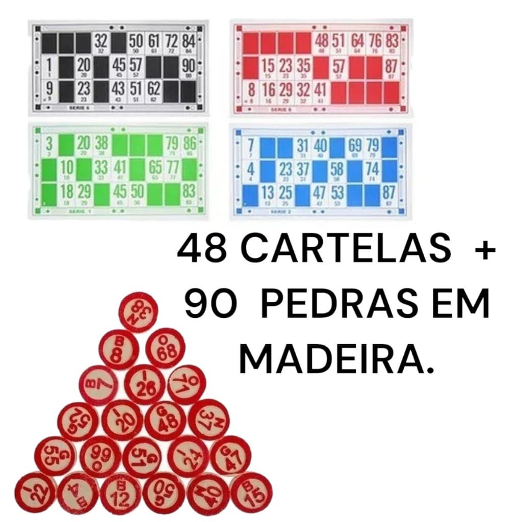Jogo de bingo 48 cartelas coloridas + 90 pedras em madeira alta qualidade