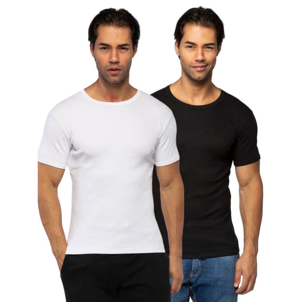 Kit 2 Camisetas Canelada  Masculina Justa Manga Curta Gola Redonda  Algodão Elastano