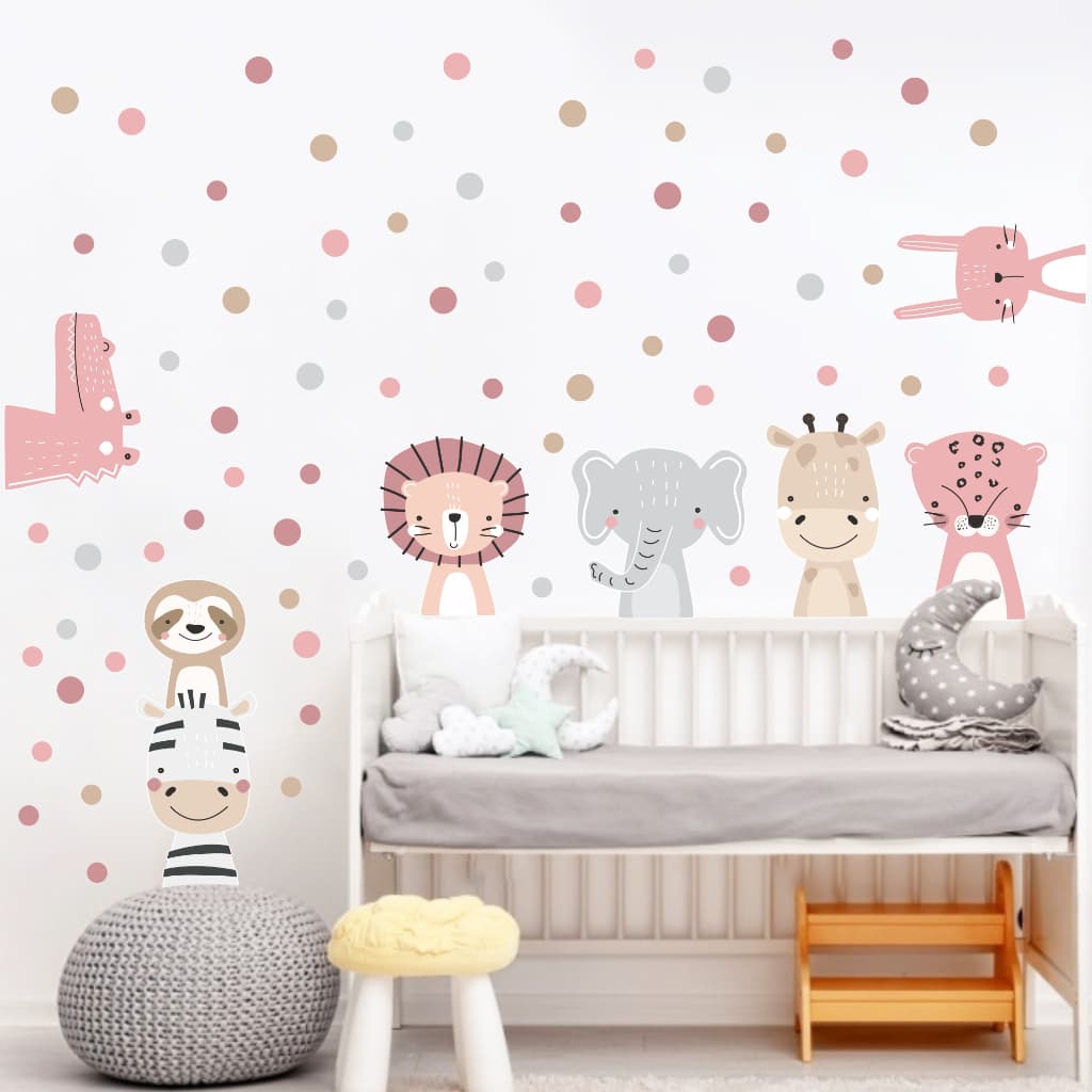 Adesivo parede Infantil Bichinhos Safari Boho Escandinavo Rosa com bolinhas Papel de Parede