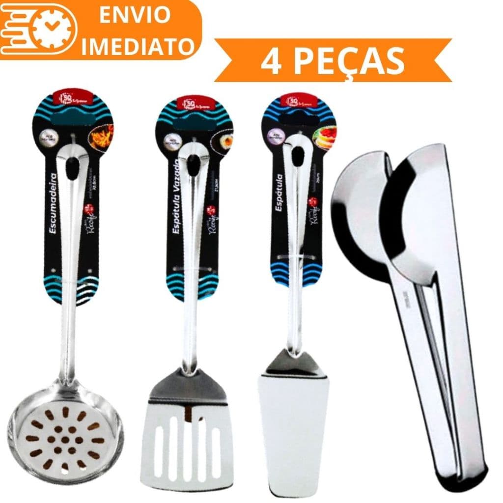 Kit 4 Peças Utensilios de Cozinha de Aço Inox  Escumadeira  Espátula Espátula Vazada Pegador Amassador de Batatas Resistente