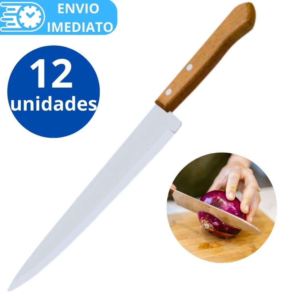 KIT Jogo 12 Faca De Cozinha Inox Profissional Tamanho 5 Do Chef Cabo Madeira para Casa Restaurante Carne Churrasco