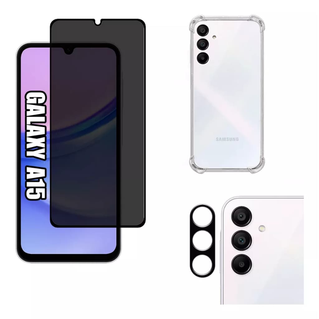 KIT Para Samsung Galaxy A15 6.5 | Película de Privacidade 3D - Capa Capinha Anti Impacto - Película da Câmera 3D