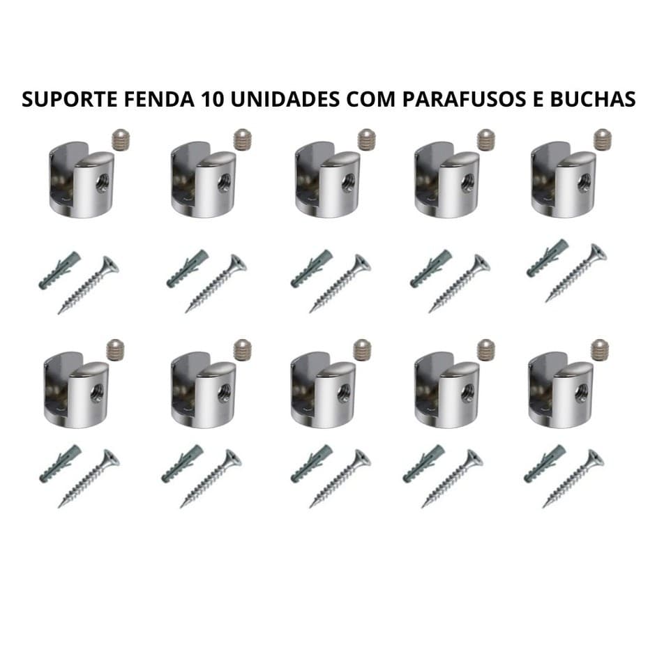 10 Suportes para prateleira/cantoneira de Vidro/ Madeira tipo Fenda em Zamac com parafusos e buchas inclusos