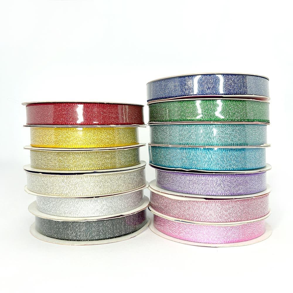 10 metros Fita de Cetim com Lurex 10 mm Fita Glitter Metalizada Cinderela Diversas Cores para Laços e Artesanatos