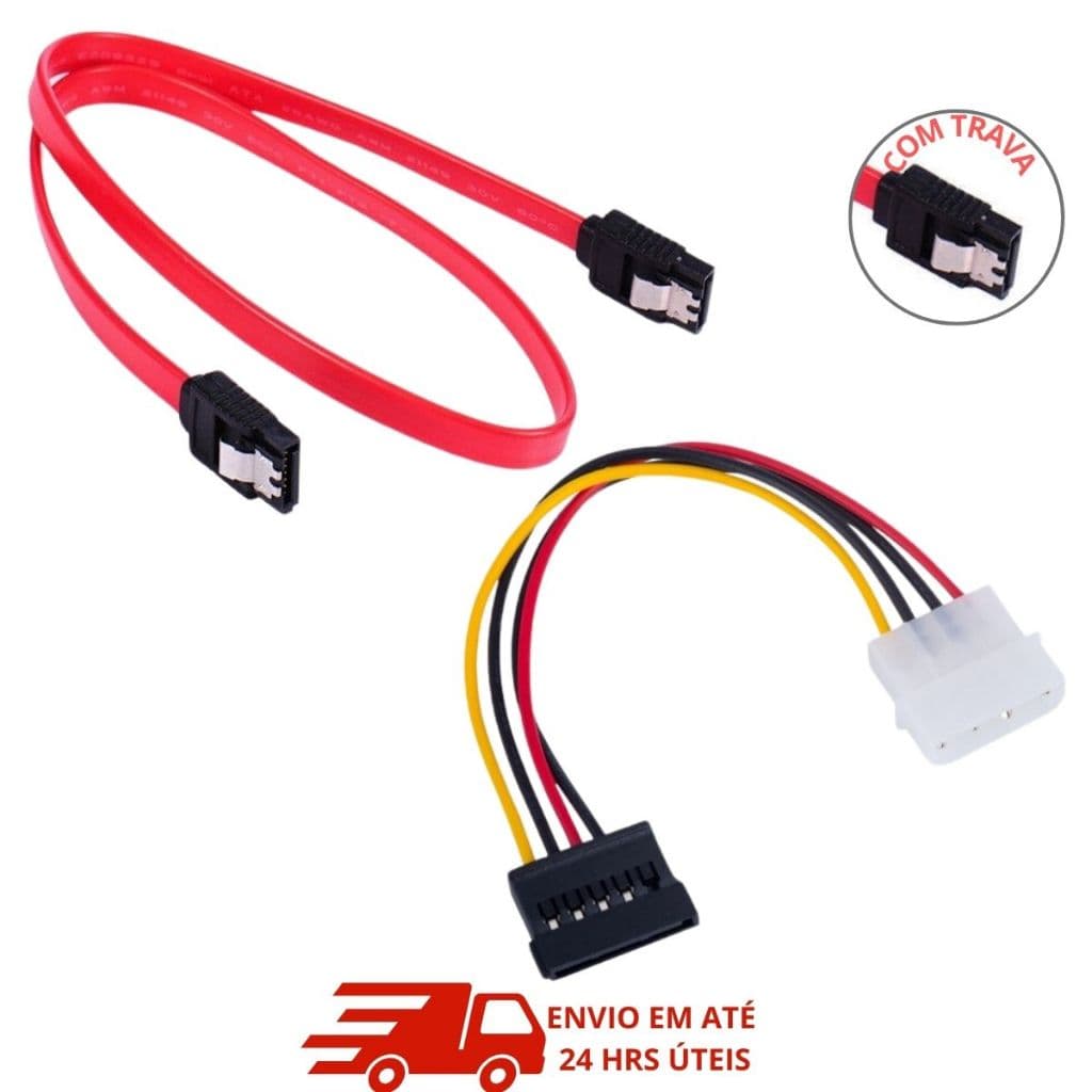 Kit Cabo SATA de Dados 50cm + Adaptador Molex de Energia IDE 4 Pinos para SATA HD SSD