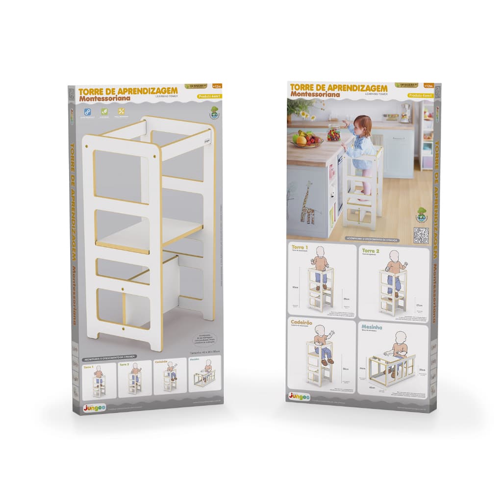 Torre Aprendizagem Montessoriana 4x1 Cadeirão Mesinha Branca com Selo Inmetro