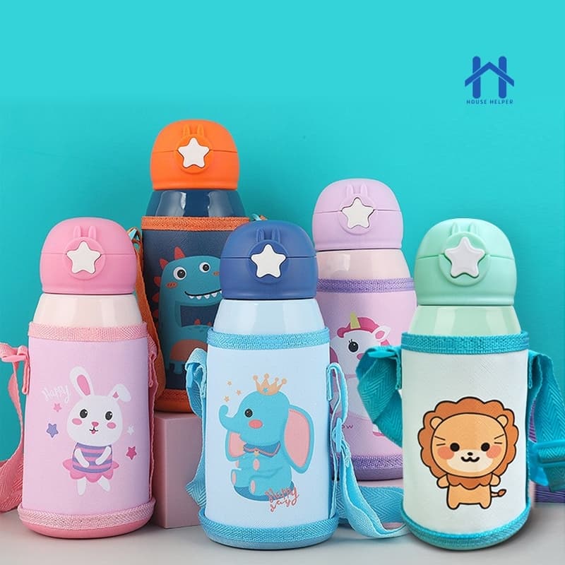 Garrafa Térmica Infantil de 500 ml Aço Inox 304 Com Alça Bolsa De Armazenamento, Canudo e Caneca