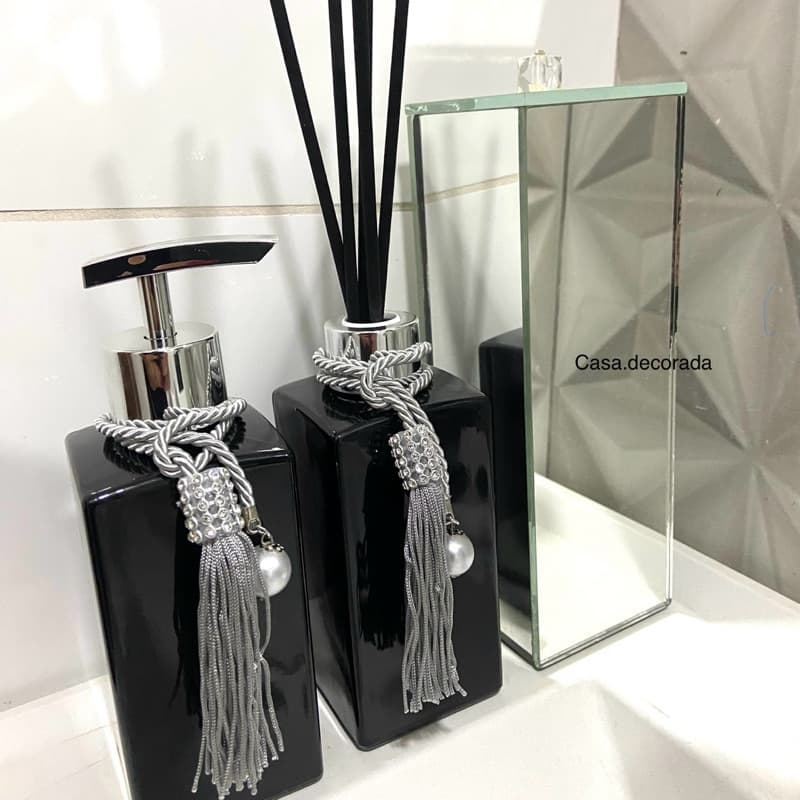 Kit lavabo Suporte Escova Espelhado Saboneteira cordão cinza prata Difusor de ambiente com vareta válvula pump saboneteira