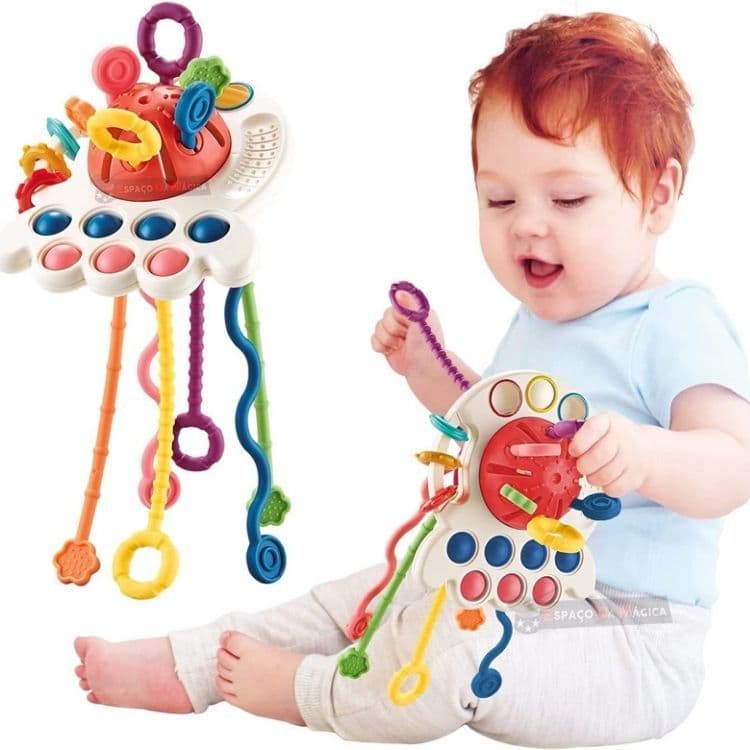Brinquedo Para Bebê Sensorial Montessori - 5 em 1 Mordedor, Flexível, Macio, Chocalho, Tatil, Interativo Polvo