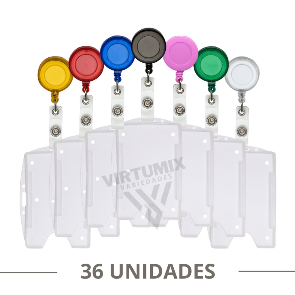 36 Unidades Porta Cracha Retrátil Roller + Porta Crachá Transparente Horizontal e Vertical