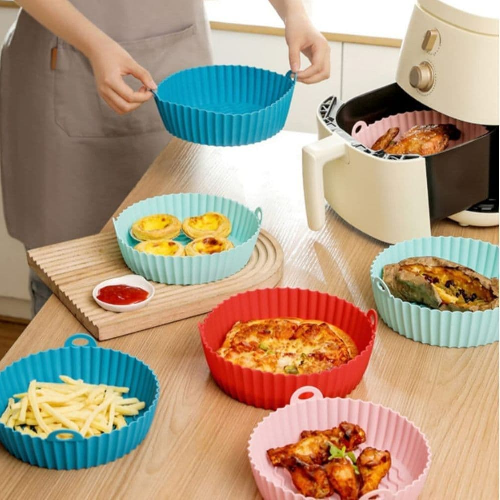 Kit C/6 Formas Air Fryer de Silicone Antiaderente Reutilizável Redonda Para Fritadeira Forno Microondas