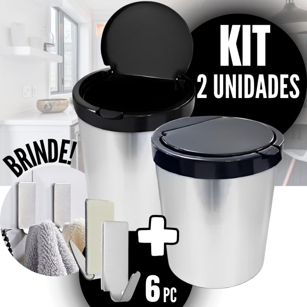 Kit 2 Lixeira Cesto Cozinha Banheiro 10l Inox Tampa Click Plástico Cesto Escritório Com Tampa + Brinde