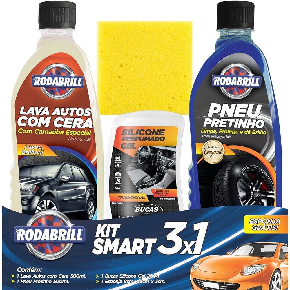 Kit  Smart 3x1 Lava Auto + Pretinho + Silicone + Esponja Rodabrill