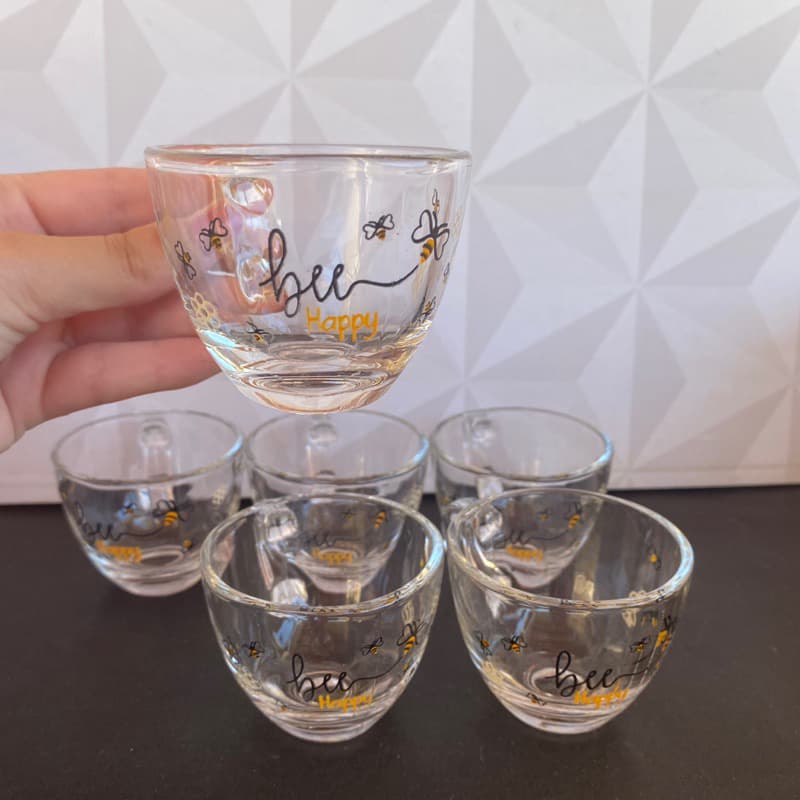 Jogo de xícara de vidro de café abelha com 6 peças decorada abelhinha - xícaras xicara de cafe honey cantinho do cafe