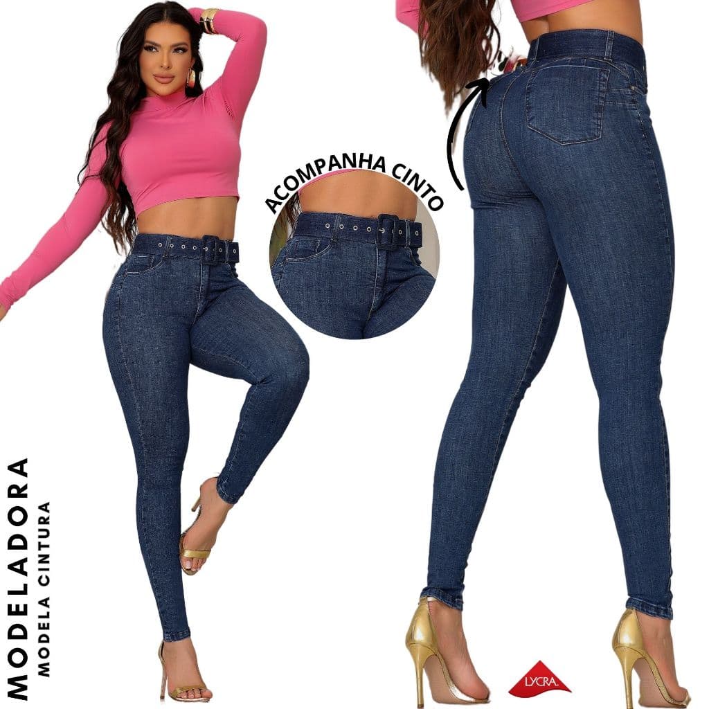 Calça Jeans Feminina Skinny Modeladora Escura Com Cinto