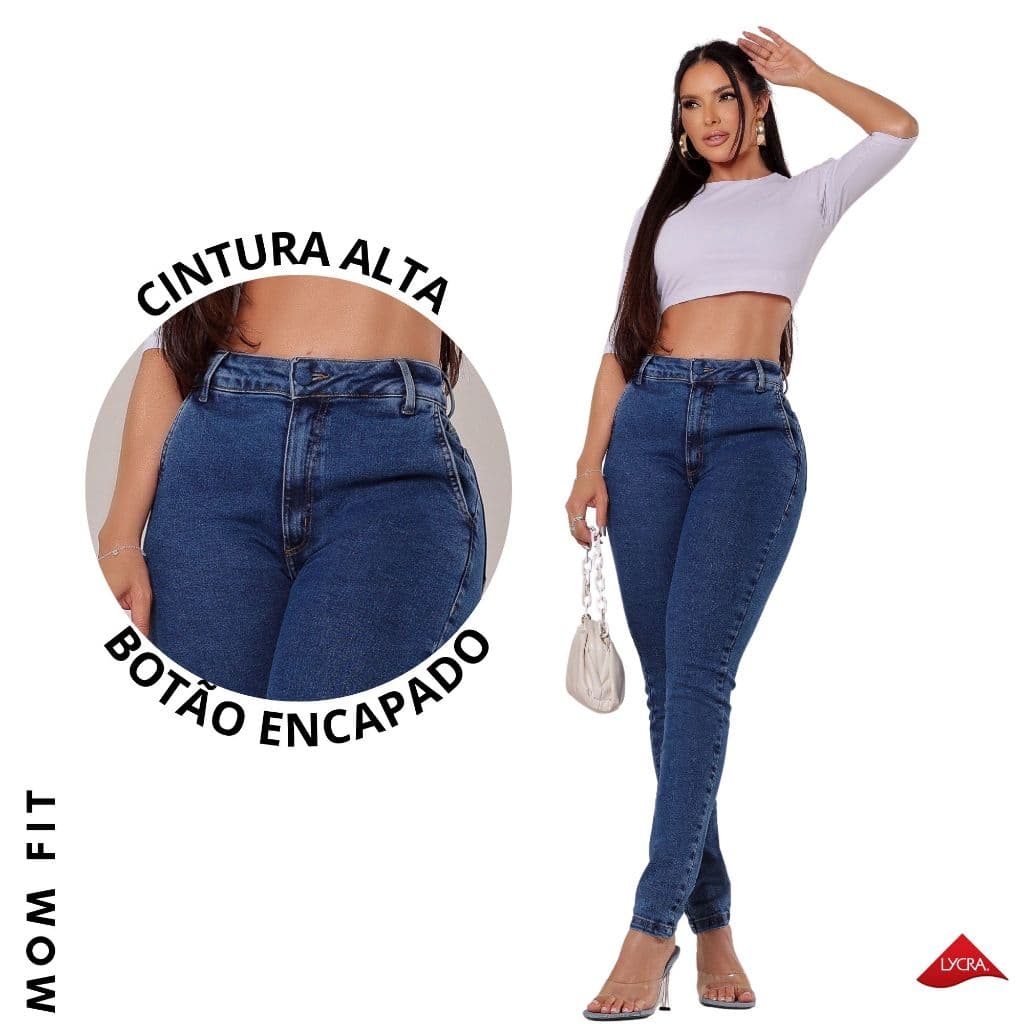 Calça Mom Fit Jeans Cintura Alta Com Lycra Modeladora