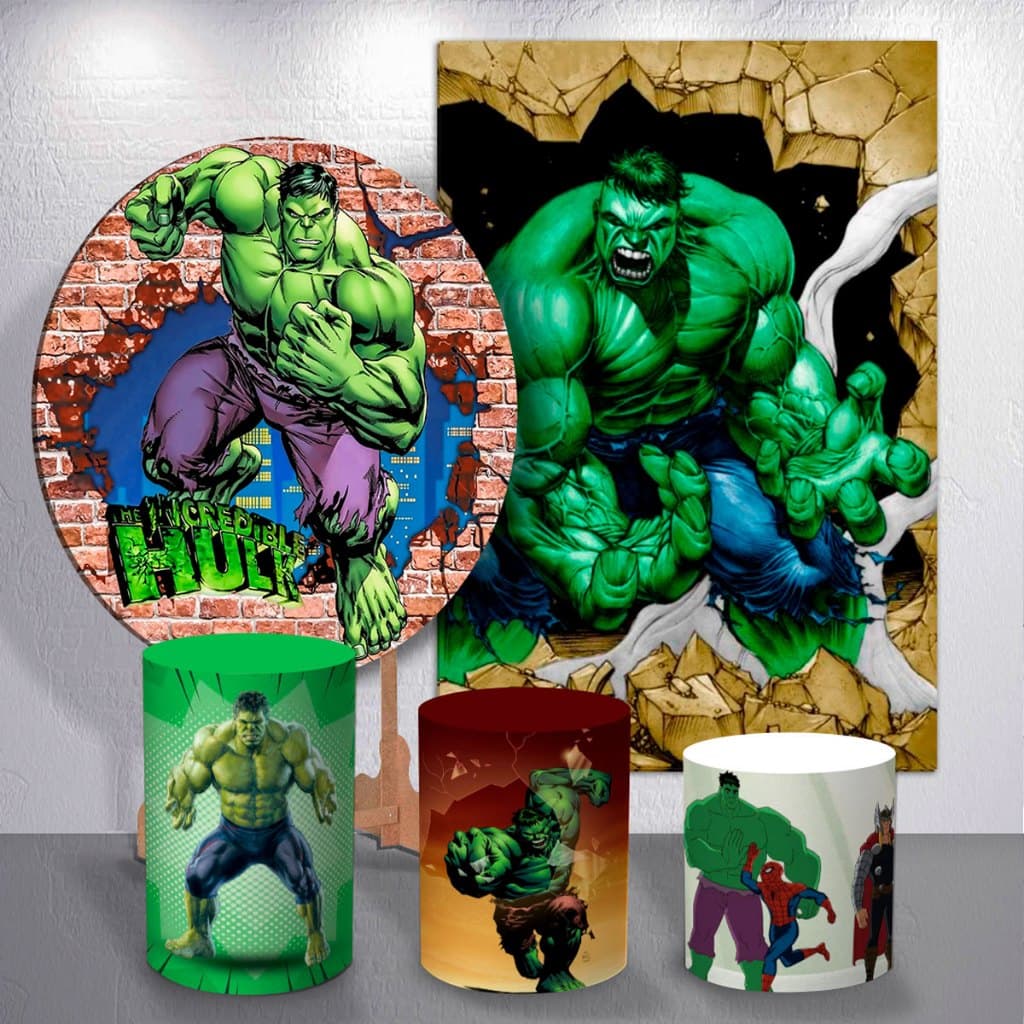 PAINEL FESTA HUlK REDONDO RETANGULAR TRIO CAPAS DE CILINDRO SUBLIMADO DECORAÇÃO